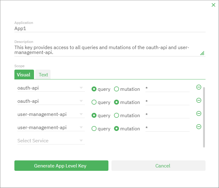 Generate app-level service access key dialog box