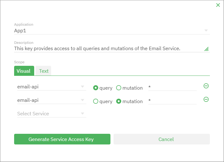 Generate service access key dialog box