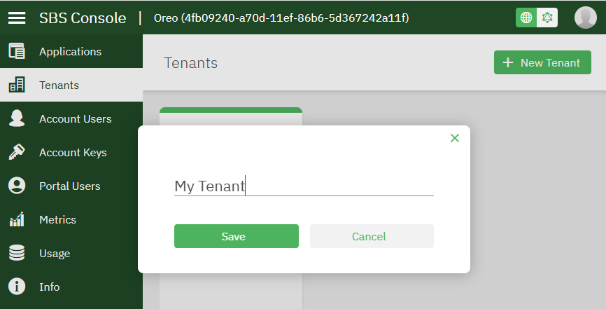 Create tenant dialog box