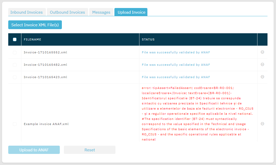 Invoice validation outcome