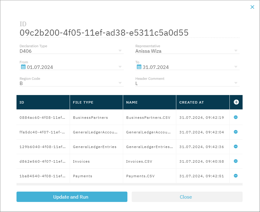 Declaration dialog with input CSV files